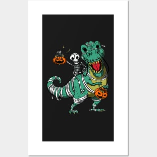 Skeleton And T-rex Halloween Posters and Art